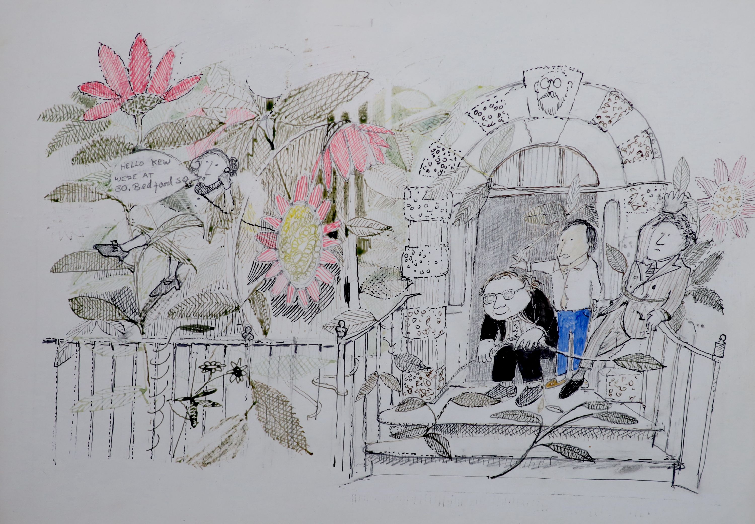 John Burningham (1936-2019), Hello Kev, We’re at 30 Bedford SQ, Coloured inks on paper, 26 x 36cm.